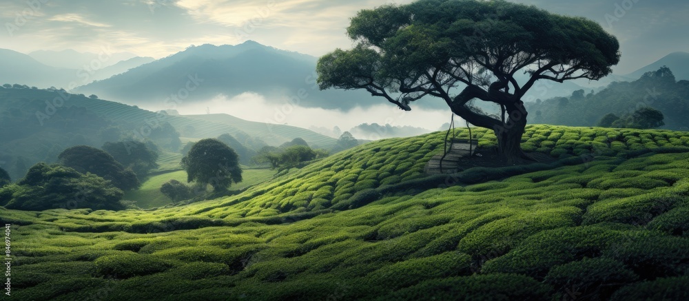 Poster a solitary bench is positioned amidst trees on a picturesque hillside. with copy space image. place 
