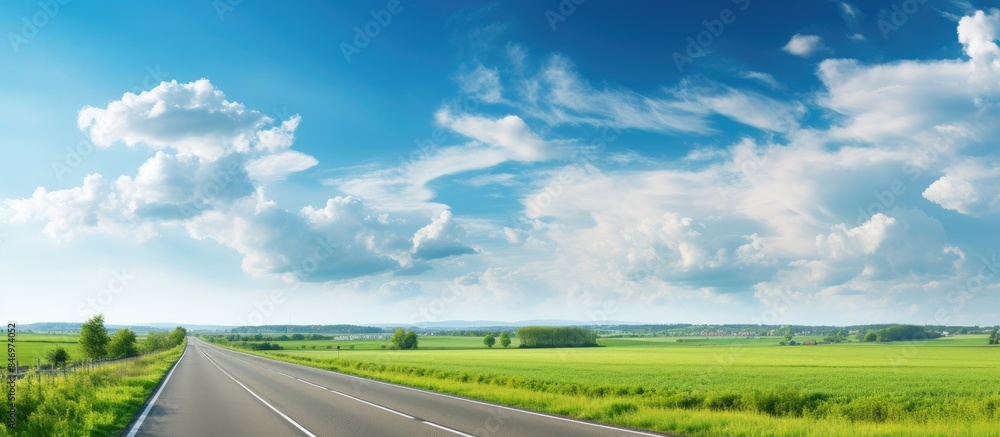 Poster An endless highway stretches through expansive green fields under a sky filled with fluffy white clouds. with copy space image. Place for adding text or design