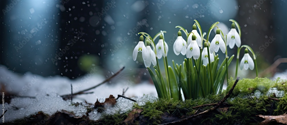 Aufkleber delicate snowdrops emerge through a snowy landscape hinting at the changing season, surrounded by mo
