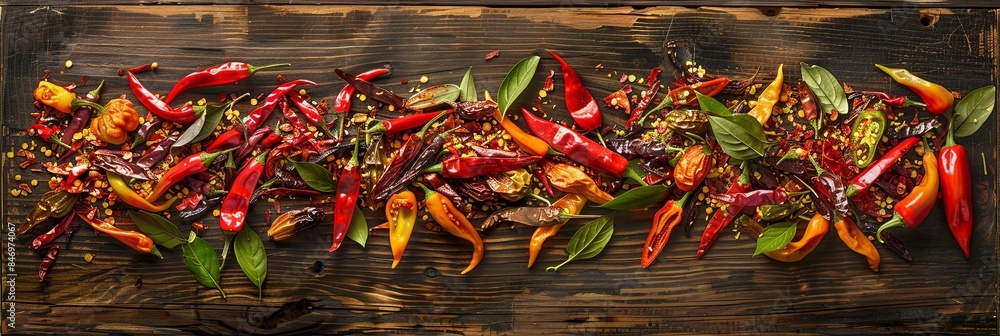 Poster a colorful mix of fresh and dried chili peppers arranged on a rustic wooden surface. generative ai