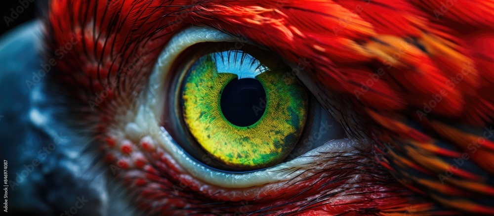 Poster vibrant red and yellow feathers frame a close-up view of a parrot's eye, showcasing its striking col