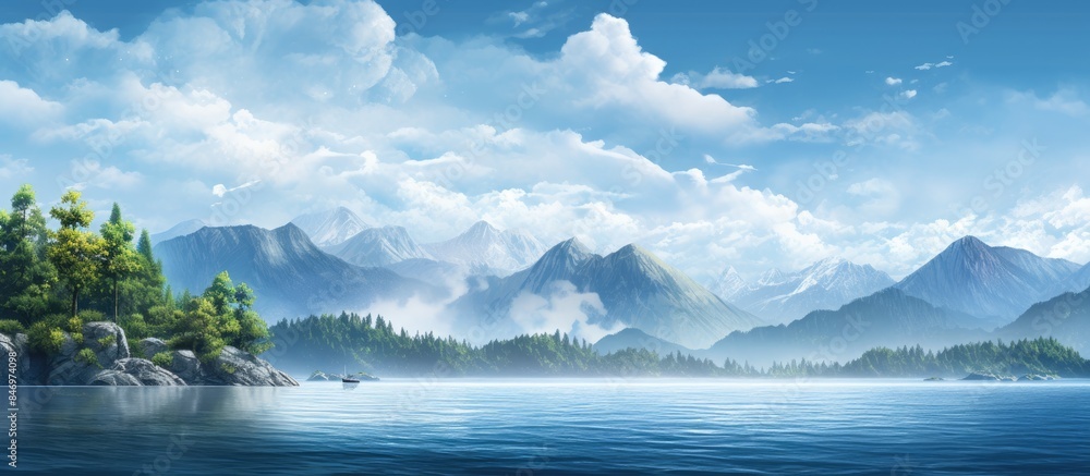 Poster a peaceful mountain lake with a solitary boat in the center surrounded by majestic peaks and clear b