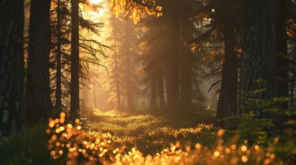 A serene scene of sunlight shining through the leaves of tall trees in a dense forest