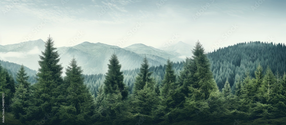 Poster Pine trees scattered across the slopes of a mountain range, set against a backdrop of cloudy skies. with copy space image. Place for adding text or design