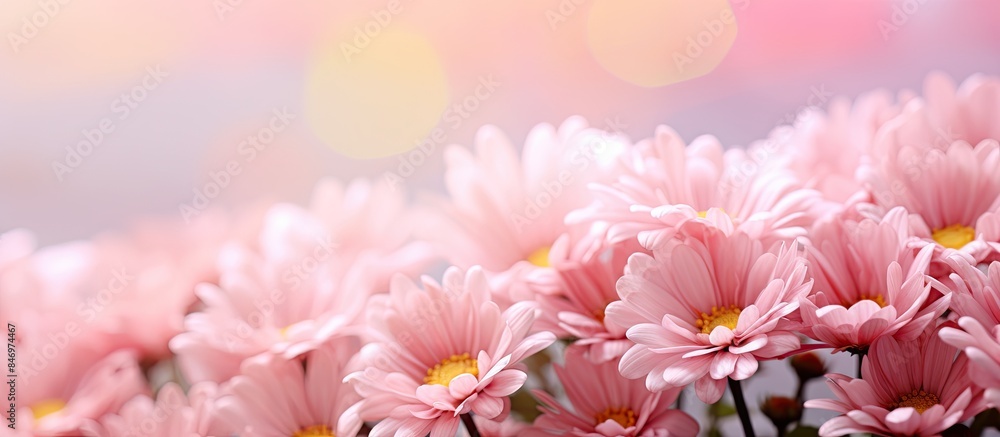 Poster arrangement of numerous pink flowers displayed in a vase on a tabletop. with copy space image. place