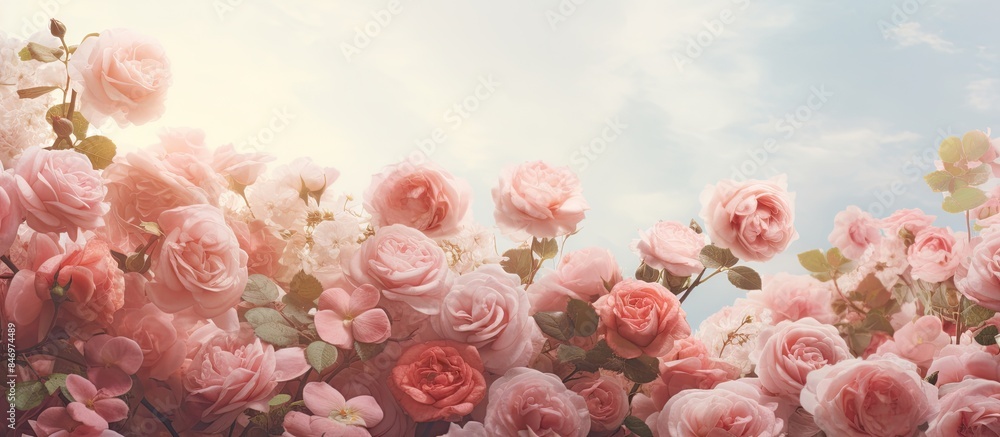 Leinwandbilder lush pink roses blooming abundantly in the center of a sprawling field under the spring sun. with co