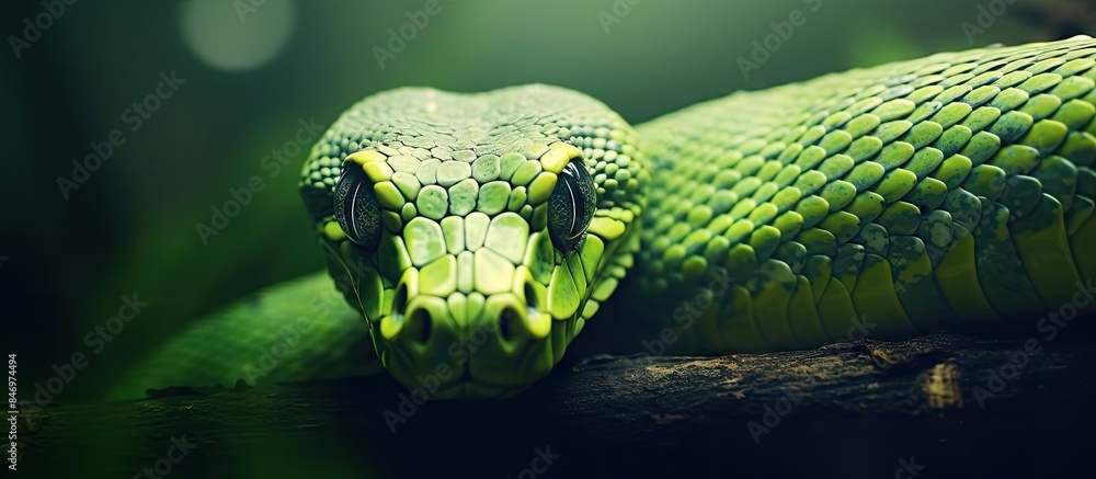 Poster emerald snake captured up close with vibrant green scales set against a deep black backdrop, showcas