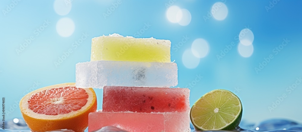 Aufkleber Assorted fruits positioned on a bed of ice, creating a fresh and cool display. with copy space image. Place for adding text or design
