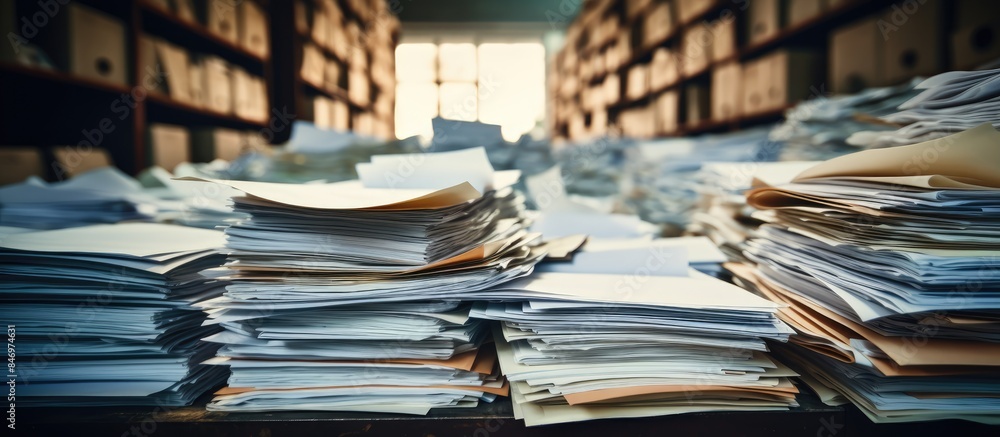Aufkleber Stack of paper files in a folder representing old and ancient archiving practices in a messy order on a documents shelf. with copy space image. Place for adding text or design