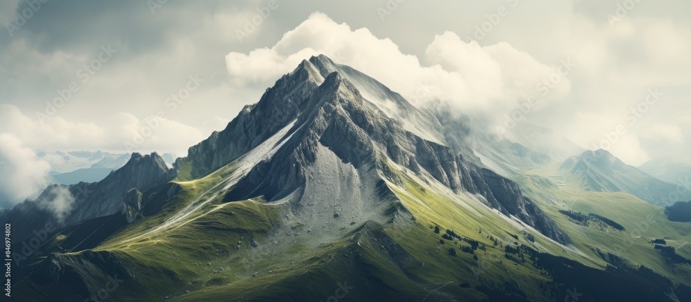 Poster hiking in the mountains near a majestic peak surrounded by lingering clouds. with copy space image. 