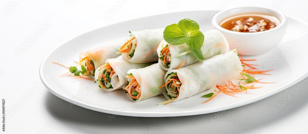Poster Spring rolls loaded with fresh vegetables served on a white plate alongside a flavorful dipping sauce. with copy space image. Place for adding text or design