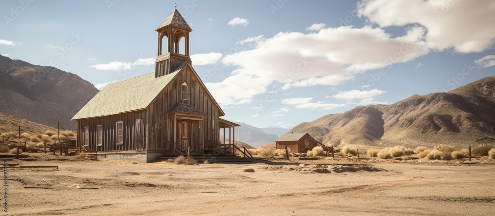 Aufkleber Wooden church in a desert setting with mountains in the background, evoking a sense of solitude and history. with copy space image. Place for adding text or design