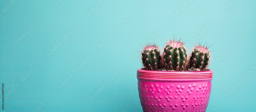 Fototapete Tiny Turbinicarpus cactus planted in a small pink pot, creating a charming green decor element for any space. with copy space image. Place for adding text or design