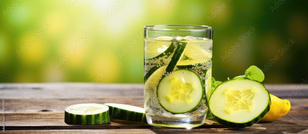 Leinwandbilder Glass of water close-up with slices of refreshing cucumber and zesty lemon, on a rustic wooden table. with copy space image. Place for adding text or design