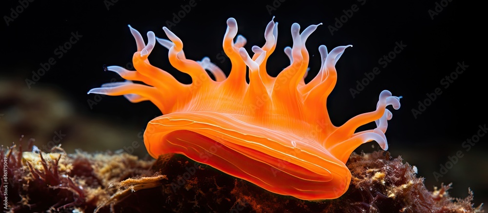 Poster Bright orange sea anemone showcasing its unique white tentacles in the ocean habitat, adding a vibrant touch to the marine scenery. with copy space image. Place for adding text or design