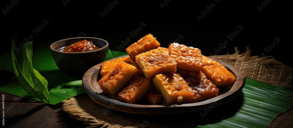 Aufkleber traditional jawa barat snack, tahu sumedang, displayed on a plate with flavorful sauce on a tabletop