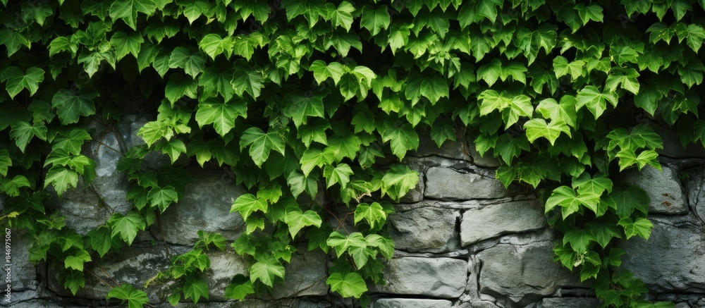 Poster luscious green leaves and ivy plants hanging on a weathered stone wall in the summer. with copy spac