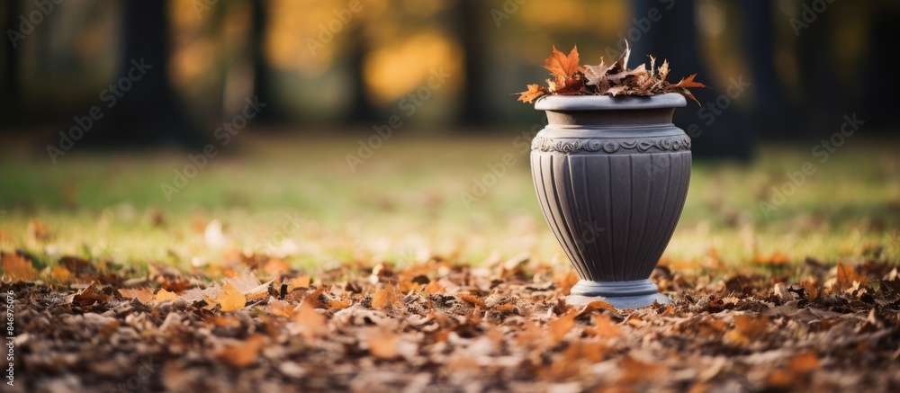Poster vase on the ground containing leaves, placed outdoors at a park in late autumn. with copy space imag