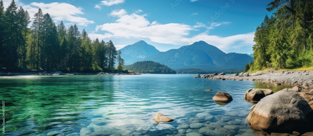 Poster tranquil lake framed by rocks and verdant trees under a clear blue sky. with copy space image. place