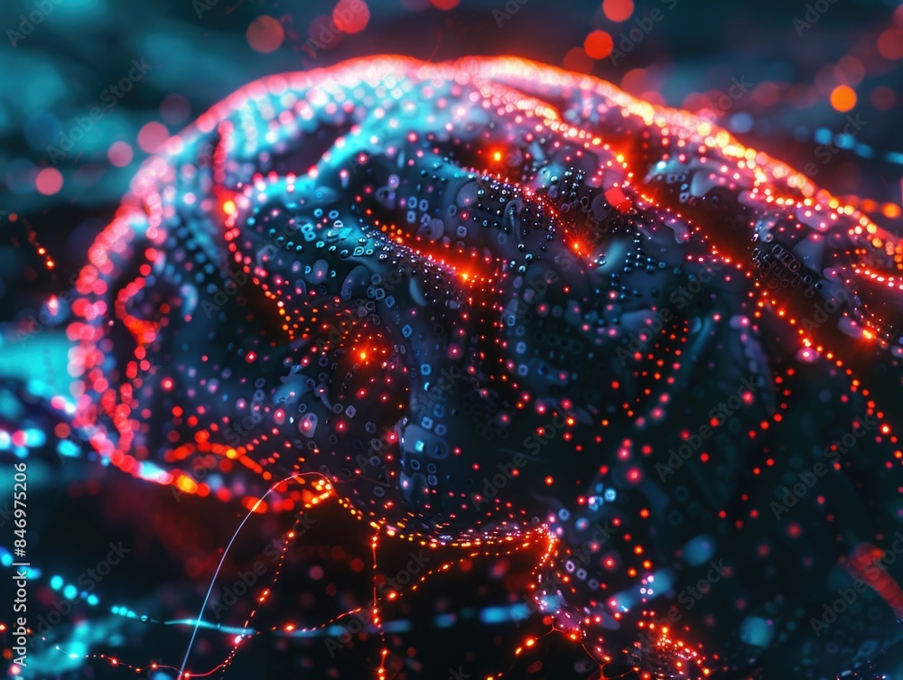 Poster Close-up view of a human brain with red and blue lights, highlighting the brain's structure and functionality