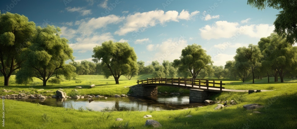 Fototapete Small bridge spanning a tranquil stream in a vibrant green meadow, surrounded by trees and under a cloudy sky. with copy space image. Place for adding text or design