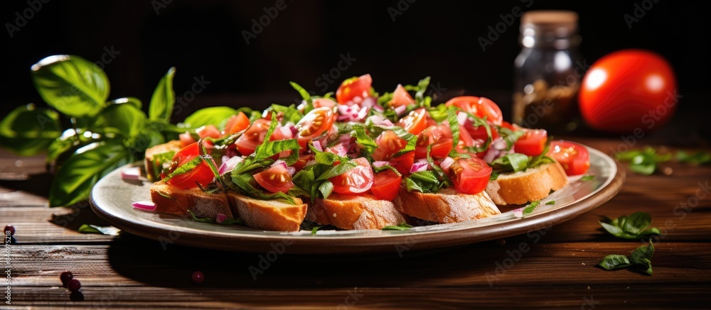 Leinwandbilder plate displaying delicious bruschetta with flavorful toppings of tomato, onion, and basil, laid out 