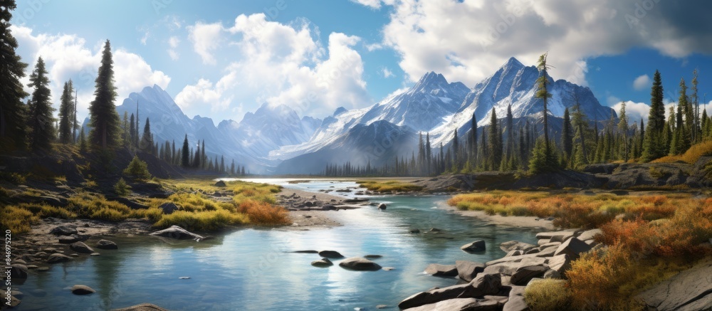 Leinwandbilder tranquil painting of a scenic mountain river flowing with a majestic mountain range in the backgroun