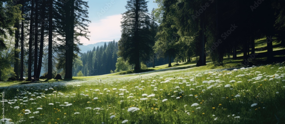 Aufkleber Giraffe stands among colorful wildflowers in a serene forest clearing, surrounded by lush greenery and trees. with copy space image. Place for adding text or design