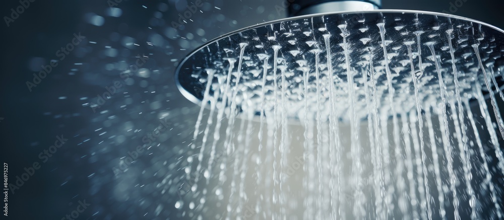 Poster water flowing out from a shower head in a close-up view, emphasizing the steady stream of water casc