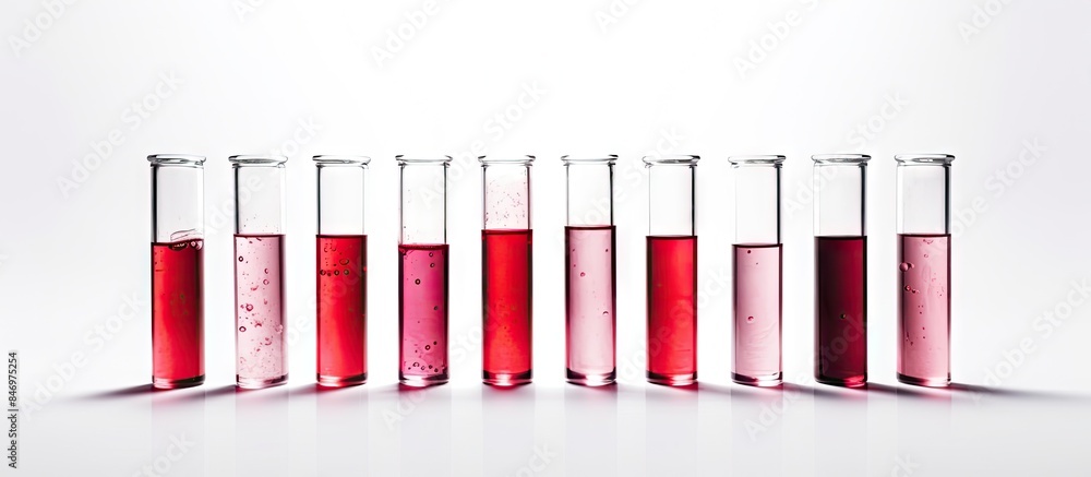 Fototapete A close-up view of a line of test tubes filled with liquid in a laboratory setting. with copy space image. Place for adding text or design