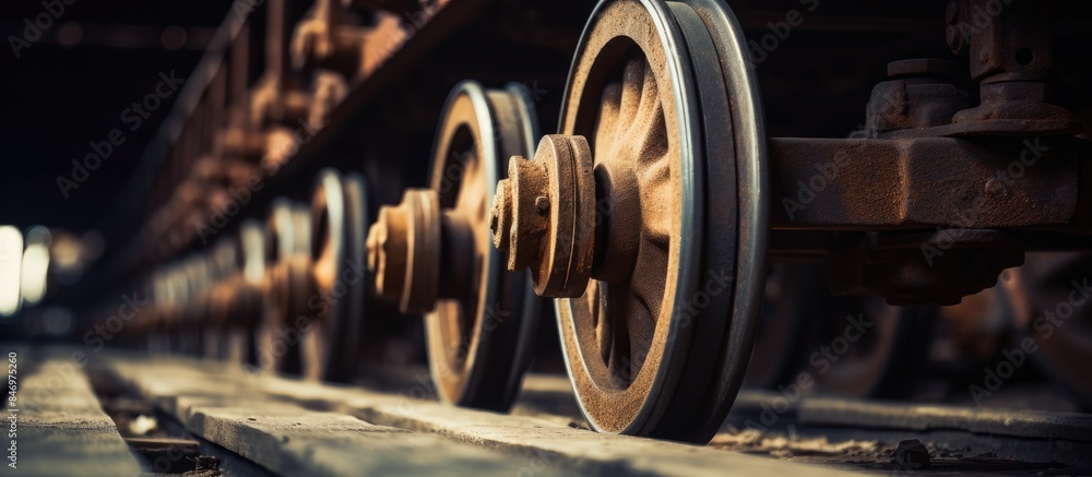 Aufkleber dark background highlights closeup of train wheel on track, showcasing rugged texture and industrial