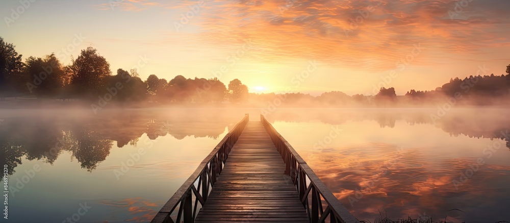 Aufkleber wooden pier on the lake during sunset with a colorful sky in the background. with copy space image. 