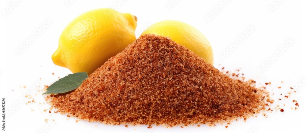 Poster pile of sugar and two lemons placed on a clean white surface. sweetened instant tea granules with le