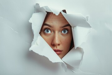 A woman looks through a small circular hole in a piece of paper, perhaps searching for something or trying to get a glimpse of something on the other side