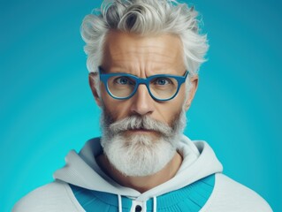 A man with a distinctive white beard wearing blue glasses