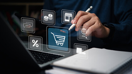 Hand interacting with e-commerce icons on a digital interface. Online shopping and digital marketing strategies. E-commerce websites, digital marketing materials, and tech articles. Modern digital