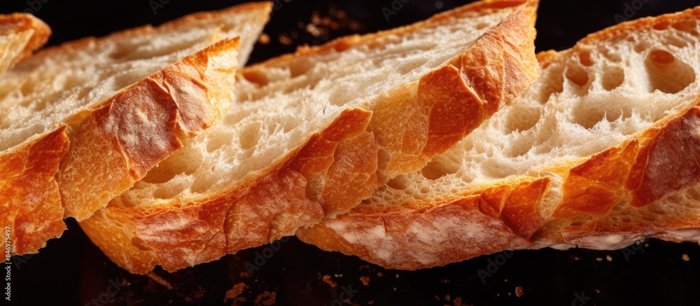 Poster Close-up view of a bread loaf with a bite mark missing, showcasing textured crust and soft interior. with copy space image. Place for adding text or design