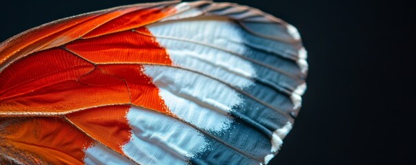 Close-up of a colorful butterfly wing with intricate patterns in vibrant red, white, and blue shades, showcasing the beauty of nature's design.