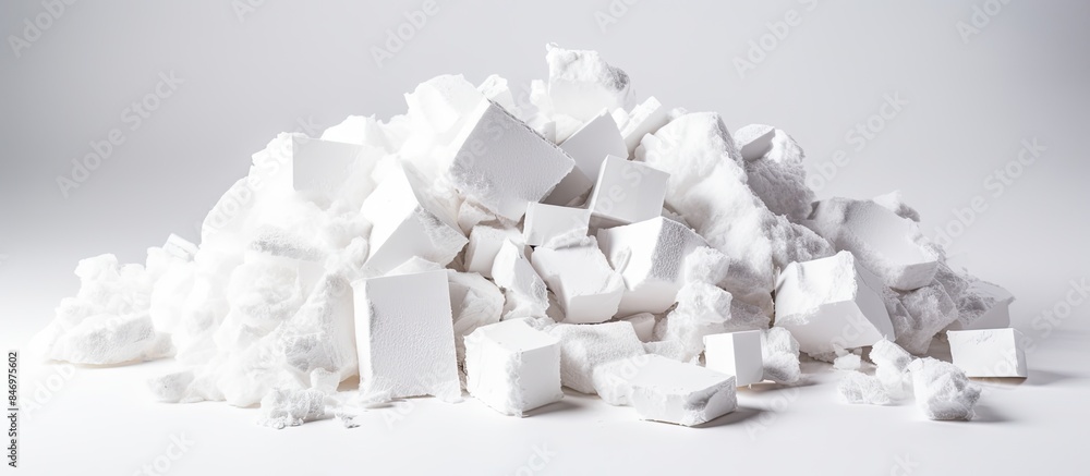 Poster White sugar cubes neatly stacked on a clean white surface, creating a simple and elegant display. with copy space image. Place for adding text or design