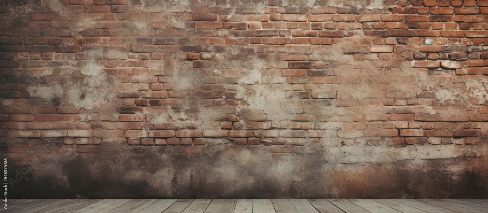 Leinwandbilder Detailed view of a brick wall with a wooden floor in focus, creating a rustic and textured backdrop. with copy space image. Place for adding text or design