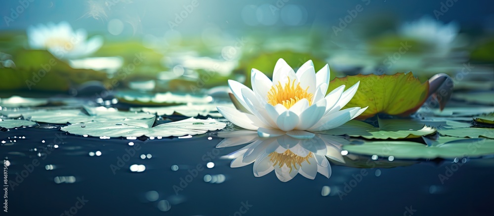 Fototapete floating white flower contrasts with lotus growing above water surface in serene natural setting. wi