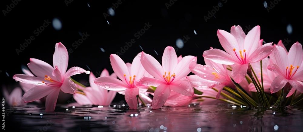 Poster pink zephyranthes lily flowers, also known as rain lilies, gracefully sit in water as raindrops gent