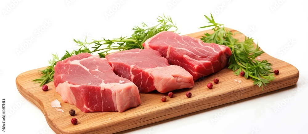 Fototapete Close-up of assorted raw meat pieces including beef and pork fillet with garlic and herbs on a wooden cutting board. with copy space image. Place for adding text or design