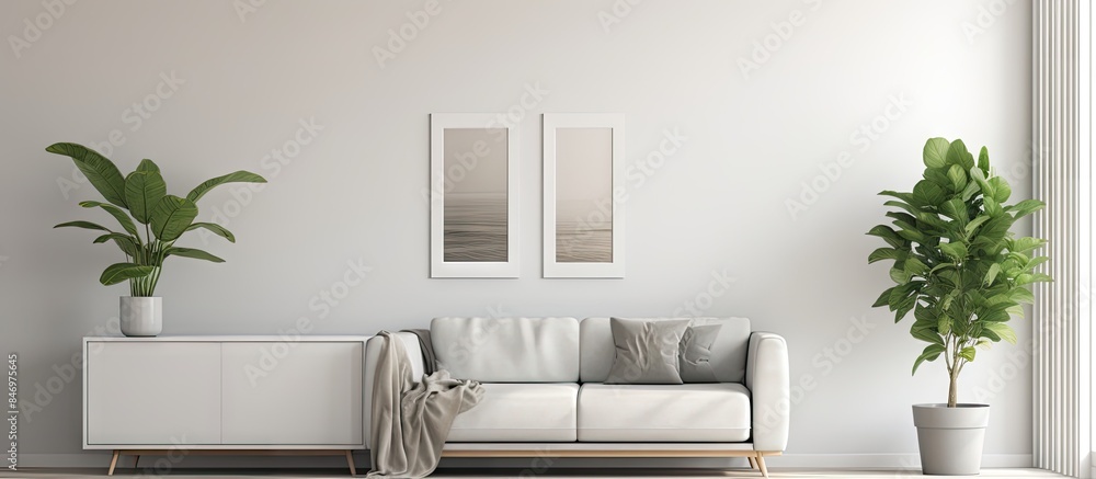 Poster white couch positioned beside a green plant in a living space with natural elements. with copy space