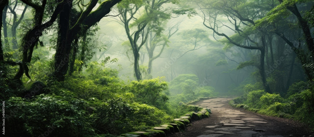 Fototapete Winding stone path cuts through the misty spring forest, creating a tranquil and mysterious atmosphere. with copy space image. Place for adding text or design