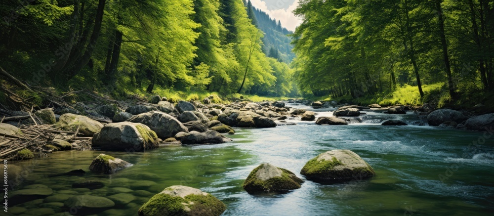 Poster In a serene natural setting, a river flows through a forested mountain area with rocks scattered in its path. with copy space image. Place for adding text or design