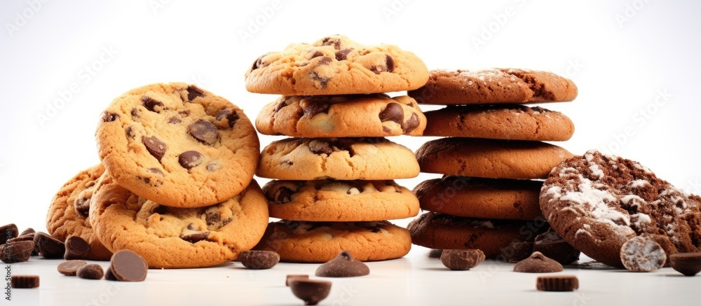 Fototapete close-up view of a stack of delicious cookies filled with chocolate chips. with copy space image. pl