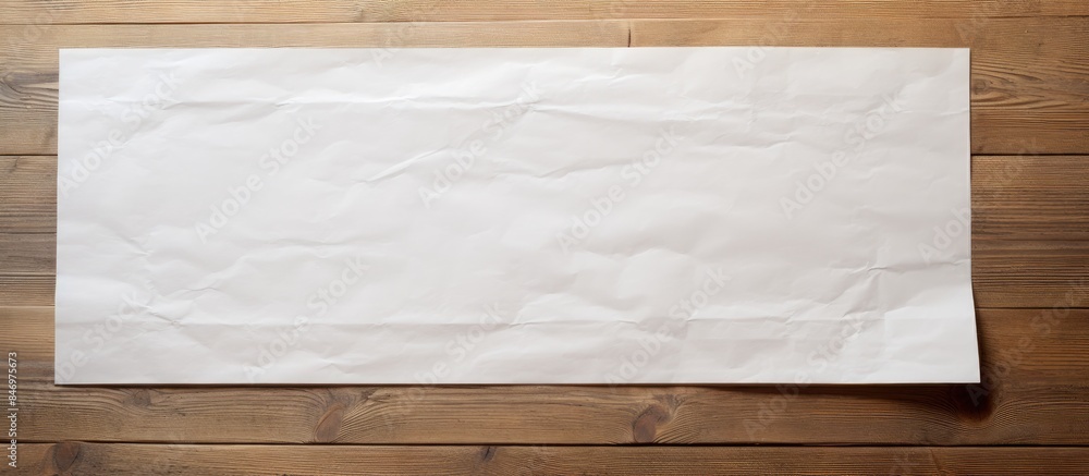 Fototapete A white piece of paper is placed on a wooden table, creating a simple and minimalist composition. with copy space image. Place for adding text or design