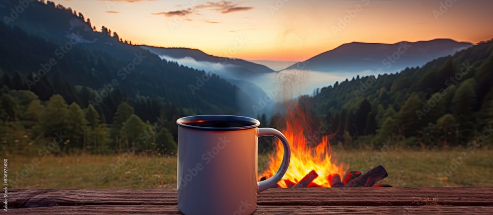 Aufkleber coffee cup placed next to a warm campfire in a natural mountain setting near a camping tent. with co