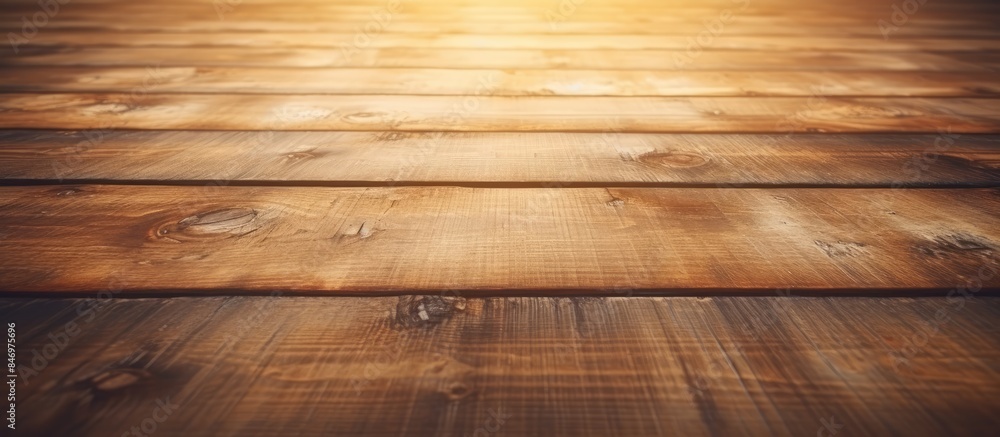 Poster Warm sunlight filters through a wooden floor, creating a serene and natural ambiance with its textured surface. with copy space image. Place for adding text or design